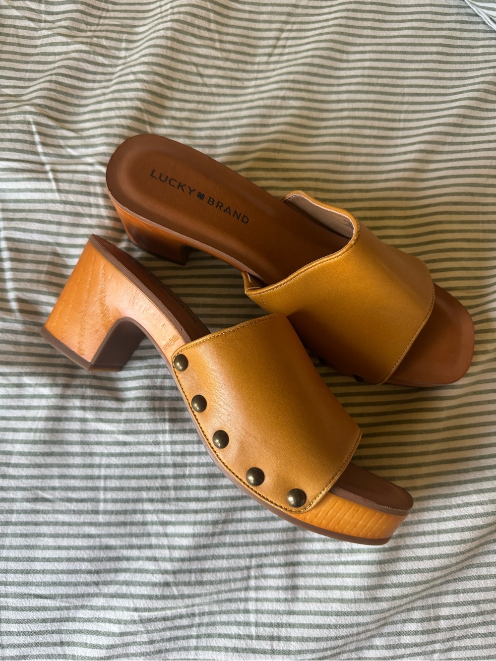 Lucky Brand Mustard Leather Slide Mules clogs with Stud Accents